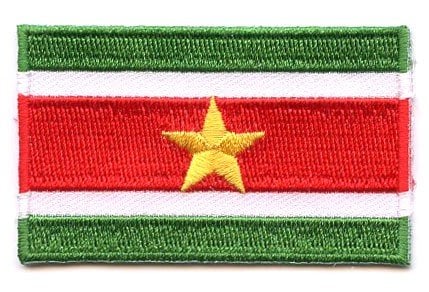 Suriname flag patch with green, red, and white stripes, featuring a yellow star in the center.