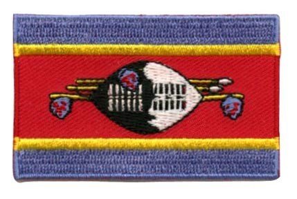 Swaziland flag patch featuring blue, red, and yellow stripes with a central ox hide combat shield and spears emblem.