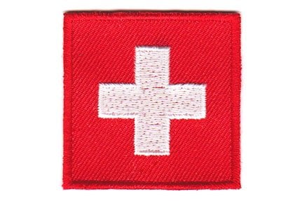 Switzerland flag patch with white cross on red square background, measuring 4x4 cm.