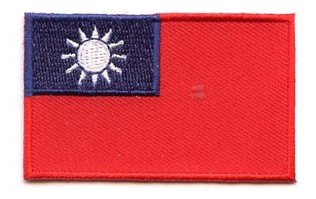 Taiwan flag patch with blue canton and white sun on red background, size 6.5 x 4 cm.