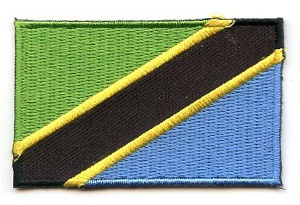 Tanzania flag patch with green, yellow, black, and blue diagonal stripes, size 6.5 x 4 cm.