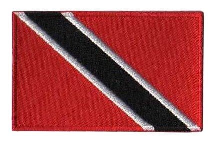 Trinidad and Tobago flag patch with red base, black diagonal stripe, and white borders, 6.5 x 4 cm.