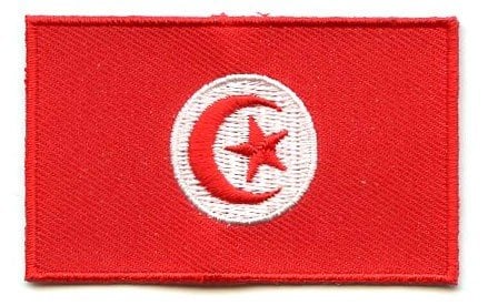 Tunisia flag patch with red base, white circle, red crescent, and star design; size 6.5 x 4 cm.