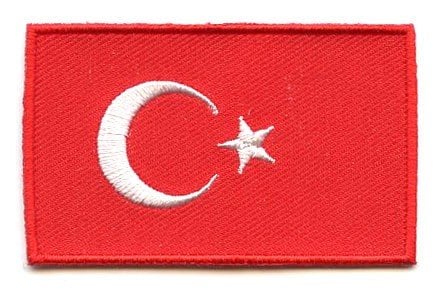 Turkey flag patch with red base, white crescent moon, and star, size 6.5 x 4 cm (2.56 x 1.57 inch).