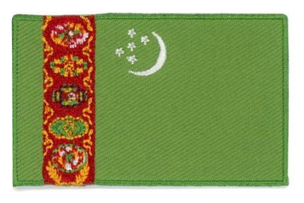 Turkmenistan flag patch featuring a green base, vertical carpet designs, crescent moon, and five stars.