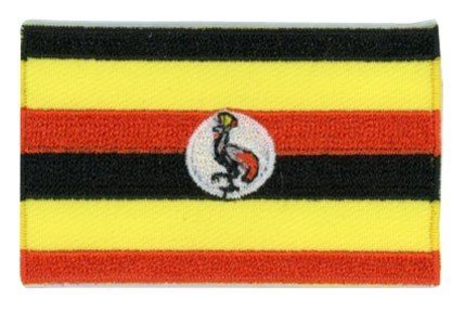 Uganda flag patch with stripes of black, yellow, red and crested crane symbol.
