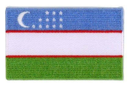 Uzbekistan flag patch, 6.5 x 4 cm, featuring blue, white, and green stripes with a crescent moon and 12 stars.