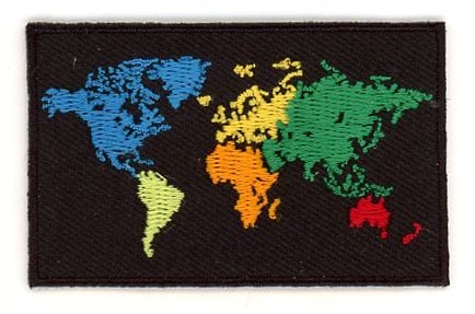 World flag patch, 6.5 x 4 cm embroidered with colorful continents on black background.