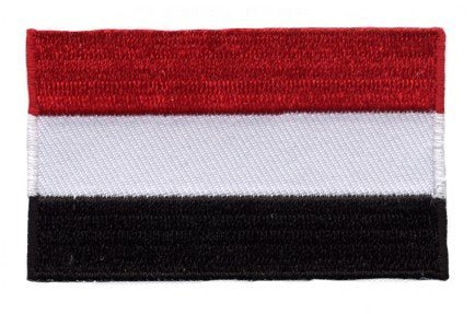 Yemen flag patch with red, white, and black horizontal stripes, size 6.5 x 4 cm.
