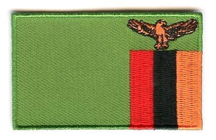 Zambia flag patch with green base, red, black, orange stripes, and an orange eagle.